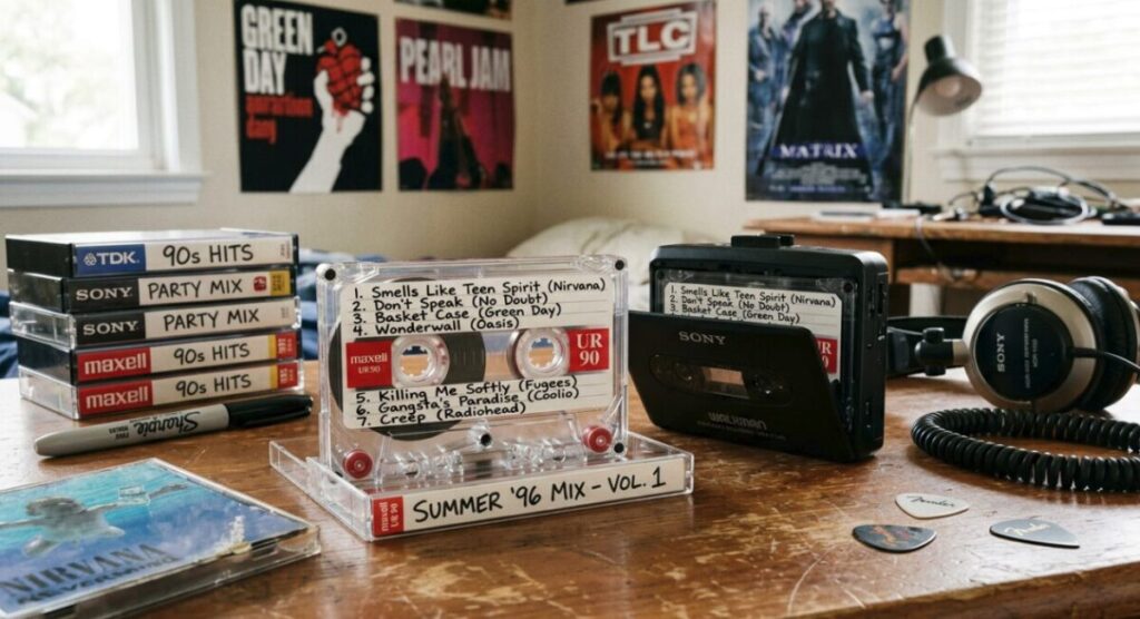 A close-up of a cassette tape with a handwritten track list including Oasis and Nirvana, sitting on a desk next to a black Walkman, headphones, and a stack of "90s Hits" tapes with 90s band posters in the background.