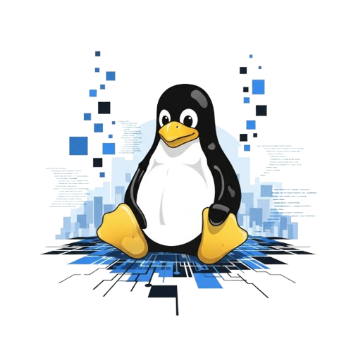 A stylised Tux the Linux penguin sitting on a digital blue circuit board with pixelated data fragments rising in the background.