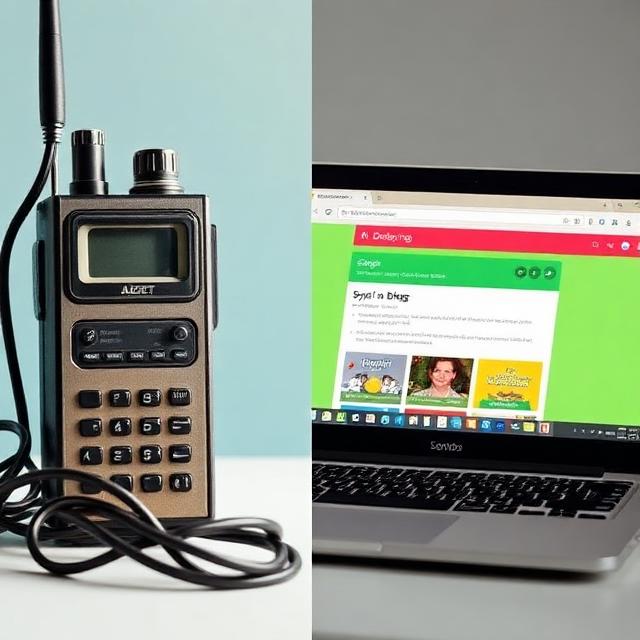 A split-screen comparison showing a vintage walkie-talkie with tangled cables on the left and a modern laptop displaying a blog interface on the right.