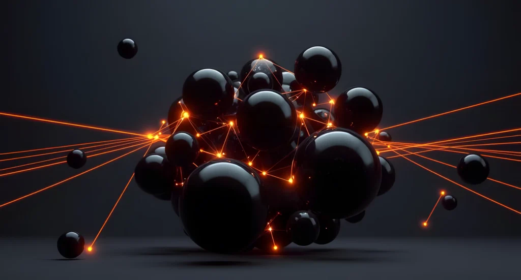 Abstract black spheres connected by glowing orange data lines on a dark background.