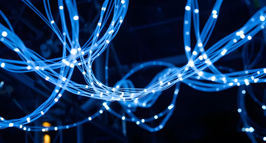 Glowing blue fibre optic cables weaving through dark industrial metal structures.