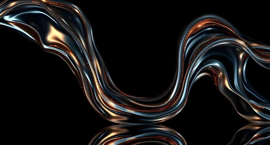 Abstract flowing liquid chrome and midnight blue data streams wallpaper.