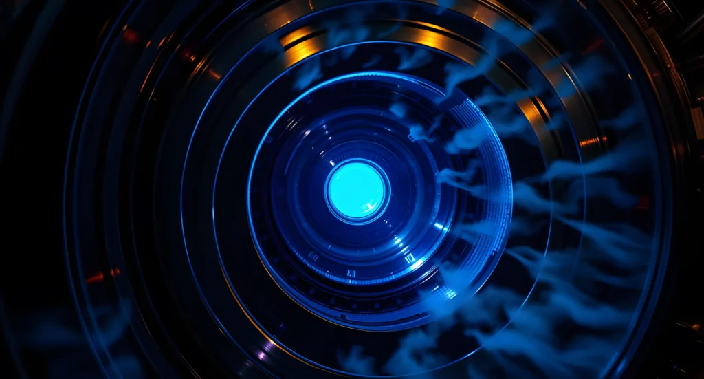 Glowing blue circular reactor core with mechanical aperture and lens flare.
