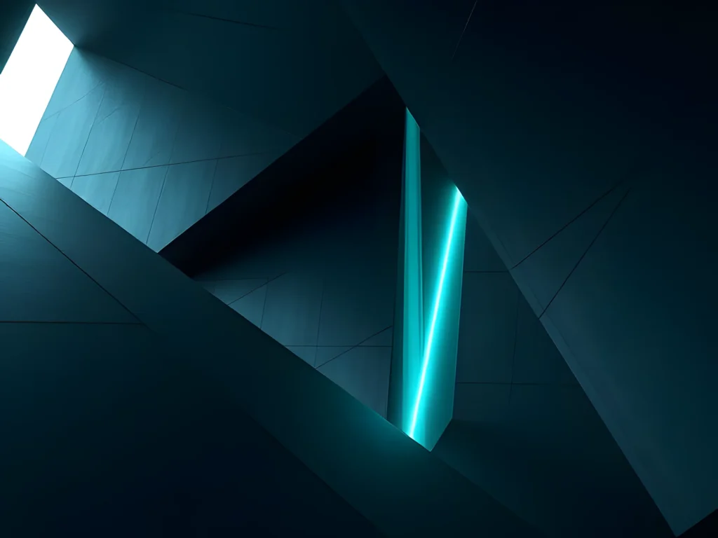 Minimalist dark blue geometric 4K wallpaper with neon cyan light beam.