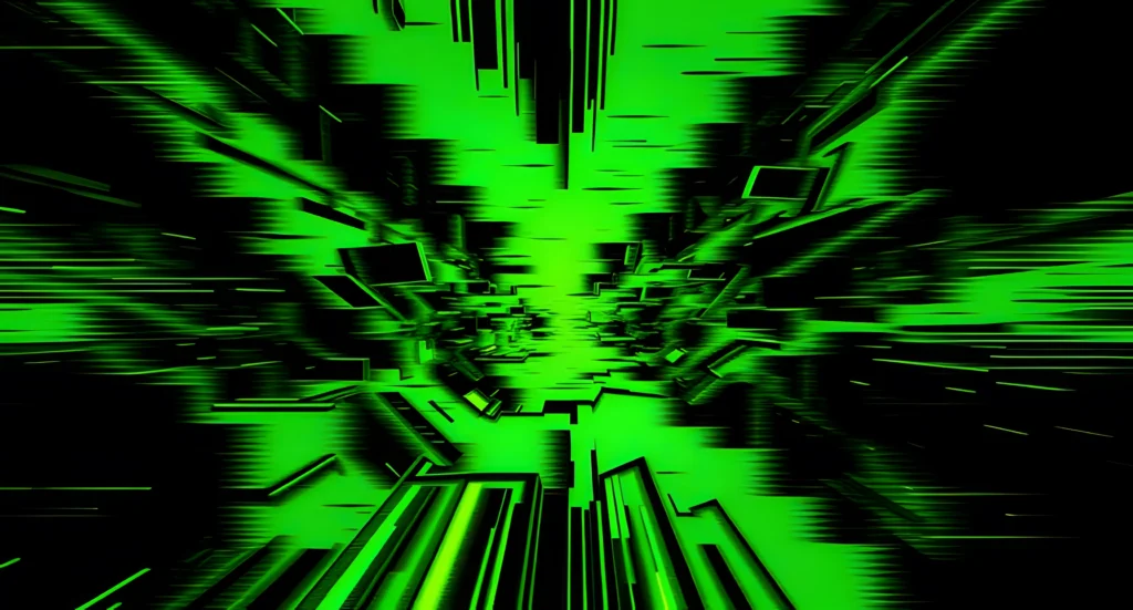 Digital green matrix glitch wallpaper with abstract high-tech circuit patterns.