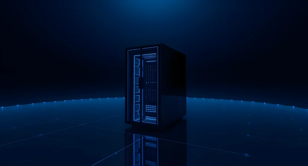 Dark minimalist server rack in a void with glowing internal blue components.