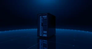 Dark minimalist server rack in a void with glowing internal blue components.