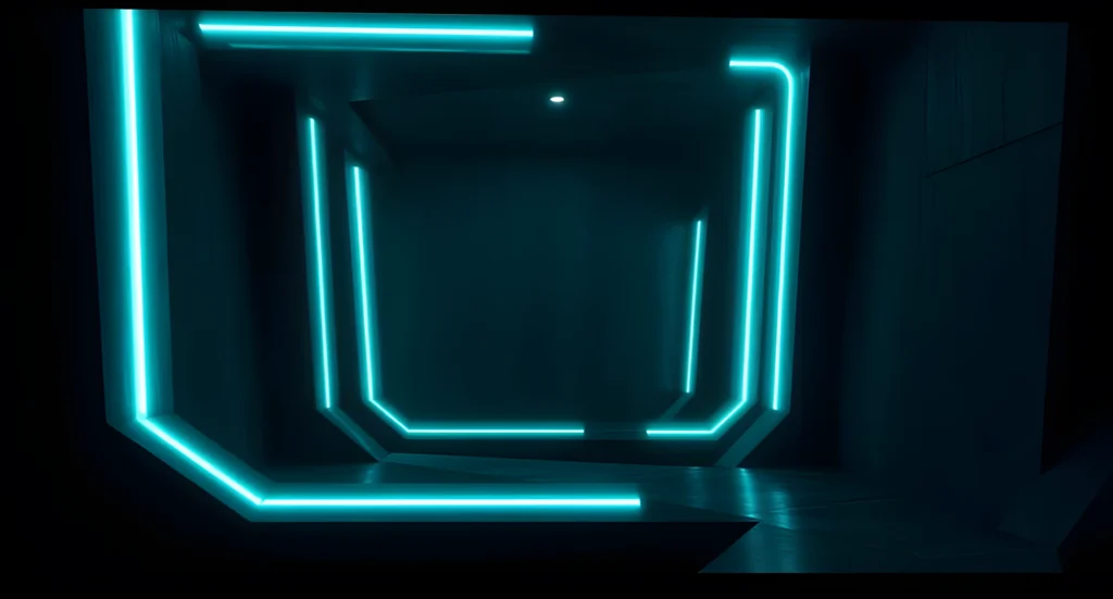 Futuristic neon blue corridor wallpaper with glowing rectangular light trails.