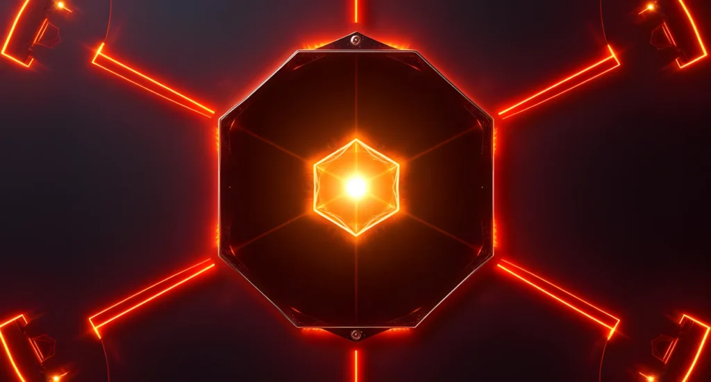 Minimalist dark wallpaper with glowing orange hexagonal energy shield