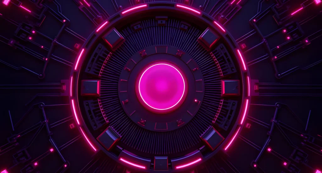 Abstract pink and purple glowing mechanical reactor core with circular patterns.