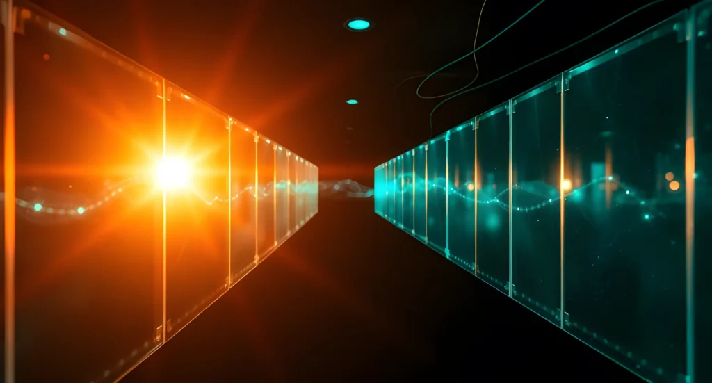 Cinematic render of a futuristic server room with orange and teal lighting.