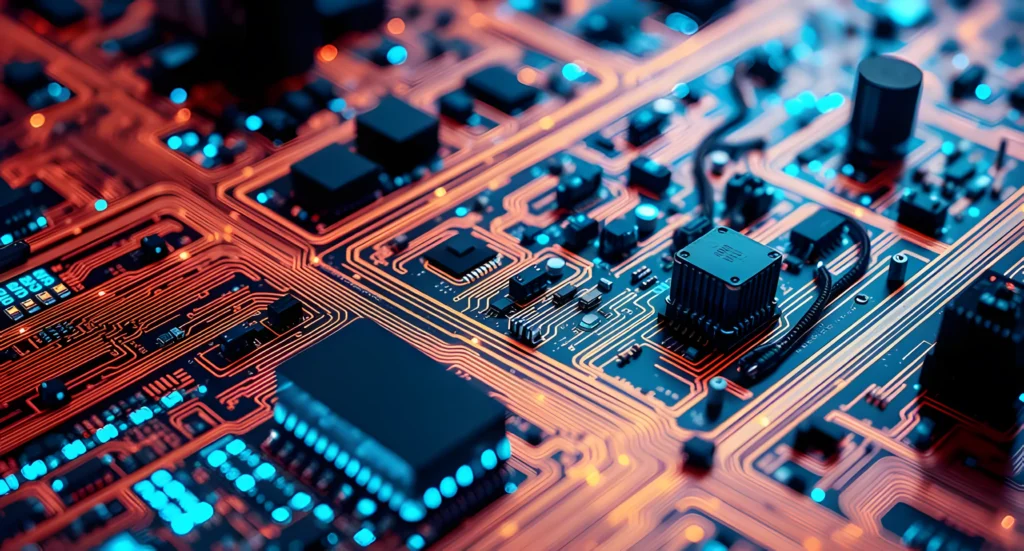 Macro view of a glowing orange and blue silicon circuit board landscape.