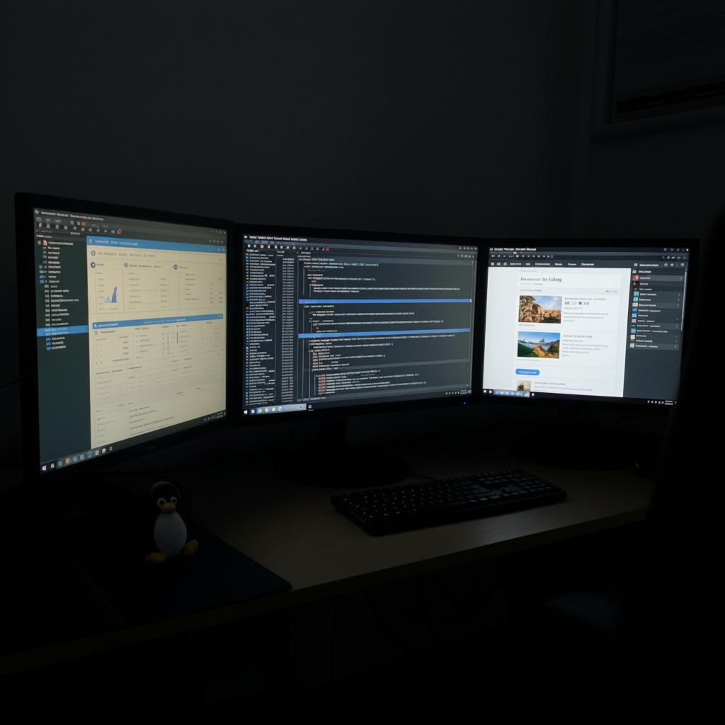 A dimly lit workstation with three monitors displaying Linux terminals, system dashboards, and technical documentation—the heart of the unknown-universe.co.uk