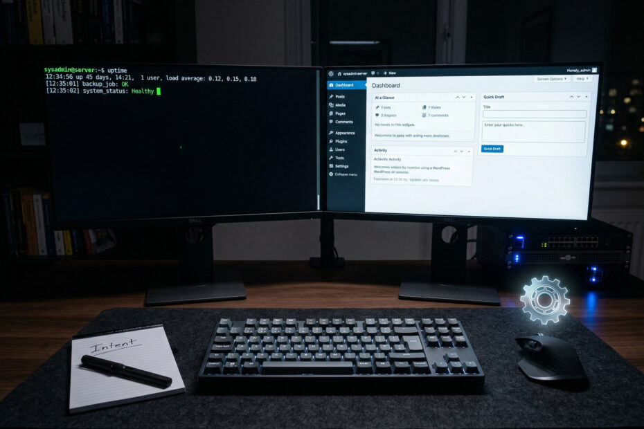 A clean, dual-monitor sysadmin workstation at night. The left screen shows a Linux terminal with system uptime and status; the right screen shows a WordPress dashboard. A glowing translucent gear icon floats above a computer mouse, with a physical notepad labelled "Intent" resting on a dark desk mat.
