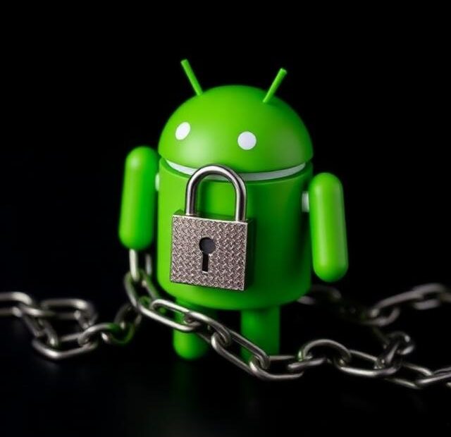 Android mascot figurine wrapped in chains with a padlock, symbolising restrictions on Android freedom.