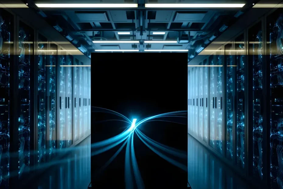 A sleek black monolithic cube in a futuristic server room with glowing blue data streams and translucent server racks.