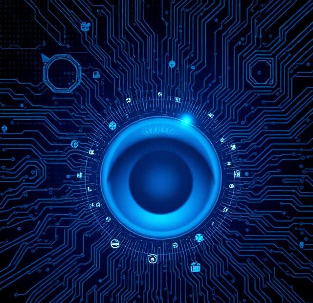 Digital blue eye peering through circuit board traces with browser extension icons, representing LinkedIn BrowserGate surveillance