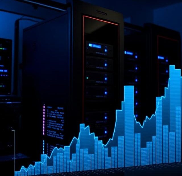 Server racks with glowing blue lights and a digital memory usage graph overlay, illustrating Proxmox memory management and optimisation.