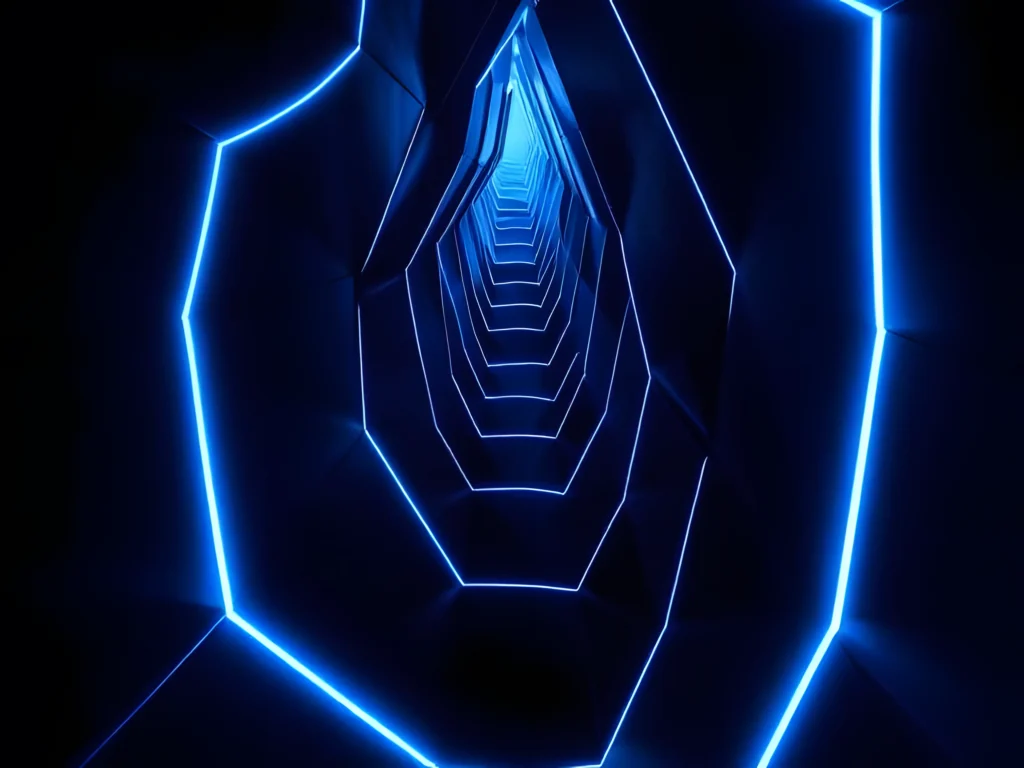 Perspective view looking down a geometric obsidian canyon with glowing blue neon circuit lines.