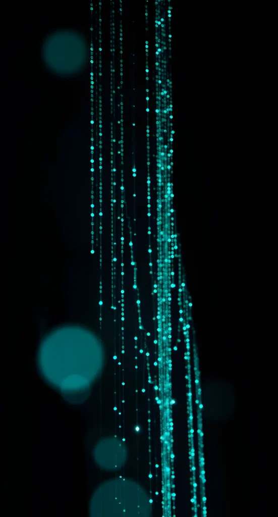 Vertical mobile wallpaper featuring falling trails of cyan light particles and soft bokeh orbs on a deep black background.