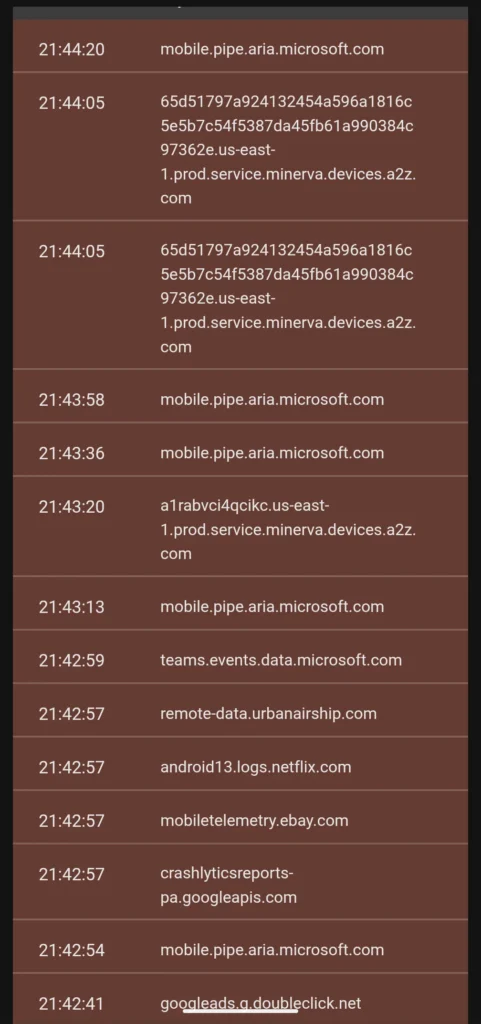 A vertical AdGuard Home query log showing blocked requests from 21:42 to 21:44 on a Saturday. The list includes multiple hits for mobile.pipe.aria.microsoft.com, teams.events.data.microsoft.com, and complex Amazon Alexa subdomains under a2z.com. It also shows active blocks for remote-data.urbanairship.com, android13.logs.netflix.com, and mobiletelemetry.ebay.com. All entries are highlighted in red to indicate they were intercepted and blocked by the DNS filter while the devices were sitting idle.