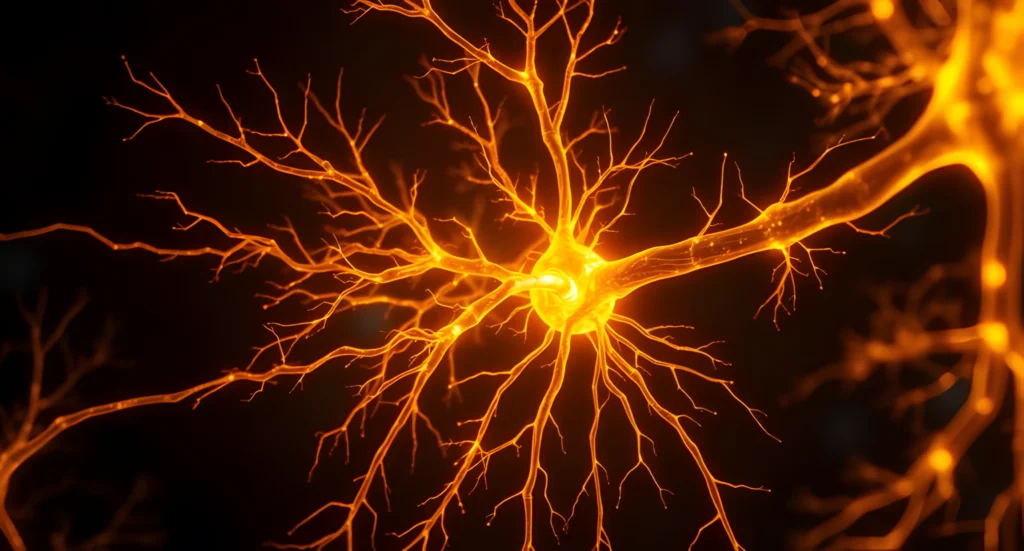 Abstract glowing orange neural network pathways on a dark background.