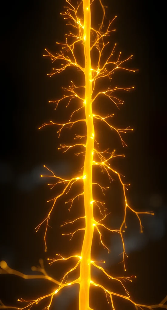 Vertical high-resolution mobile wallpaper of a glowing amber fibre optic tree structure with intricate branching on a dark background.
