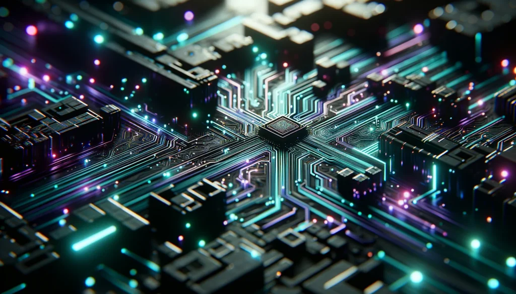 A high-contrast, macro-style digital rendering of a central processing unit (CPU) featuring glowing neon teal circuit traces and deep purple data nodes on a dark obsidian background.
