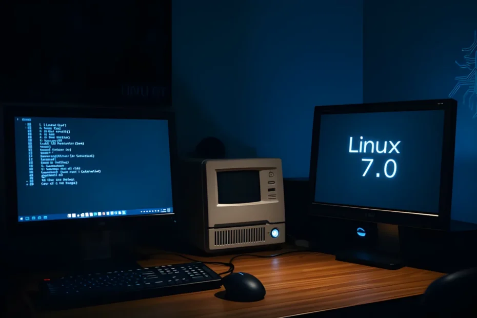 Linux 7.0 running on a modern desktop setup next to an old beige 1990s computer