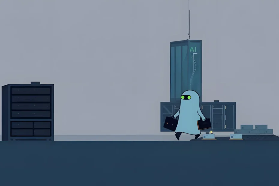 A minimalist vector illustration of a teal ghost character carrying two black briefcases, walking away from a corporate server tower with a glowing green "AI" symbol.