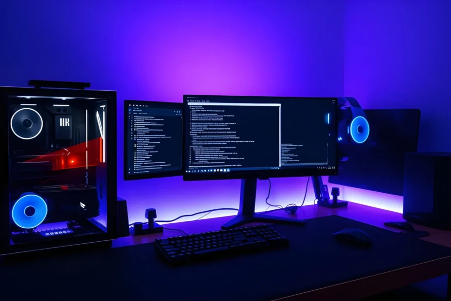 Modern home lab desk setup with a Linux desktop and terminal windows shown on dual monitors under purple ambient lighting.