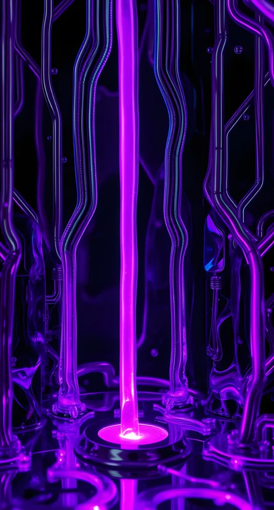 Vertical mobile wallpaper of glowing purple liquid metal flowing through glass tubes and metallic conduits on a dark background.