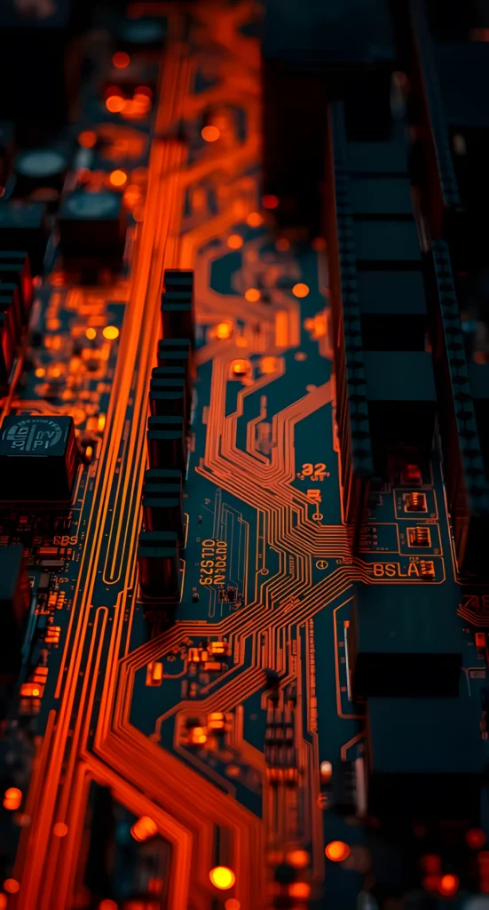 Vertical high-detail macro of a futuristic black circuit board with glowing amber pathways and intricate hardware components.