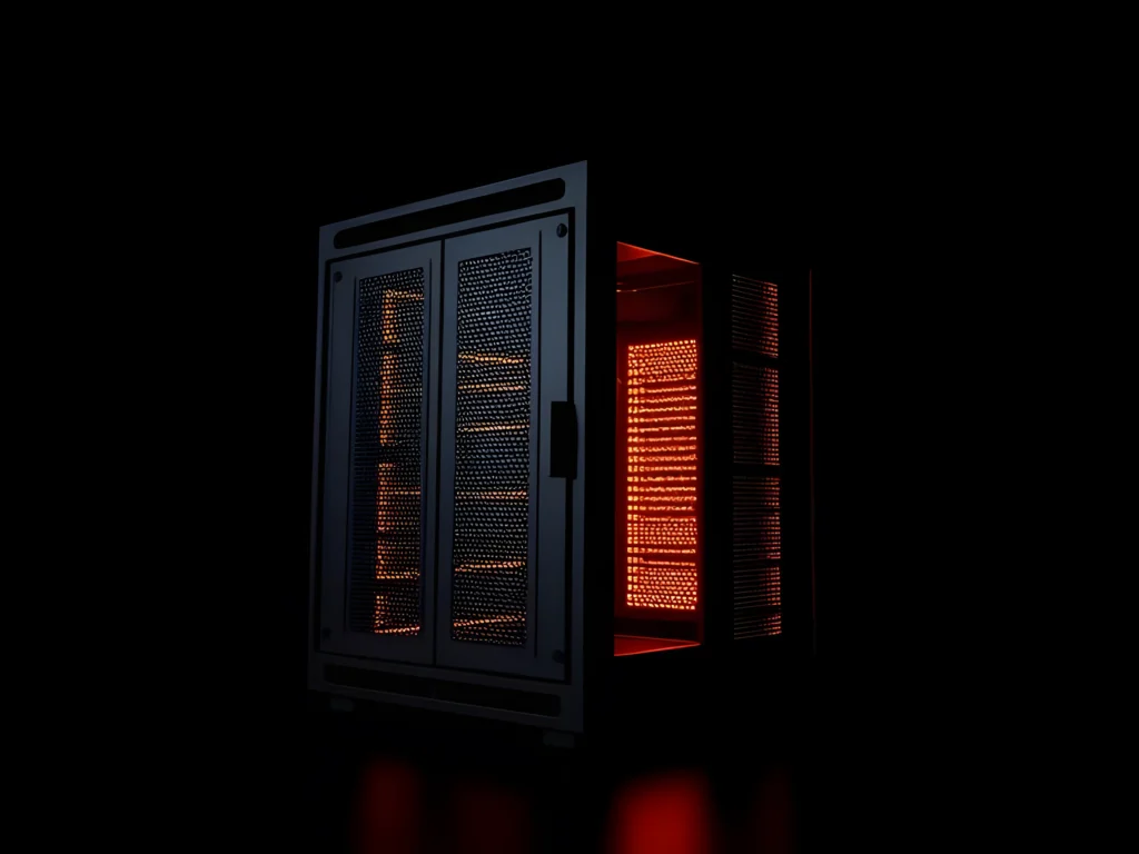 Futuristic matte black server rack with internal red glowing vents in a dark void.