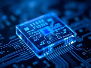 High-detail macro of a translucent blue crystal microprocessor with glowing internal circuitry on a dark circuit board.