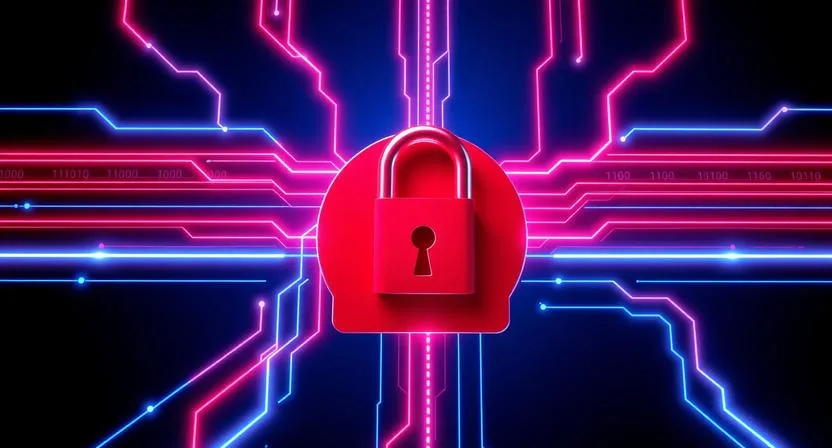 A large red padlock at the centre of a dark blue background with vibrant neon pink and blue electronic circuit lines.