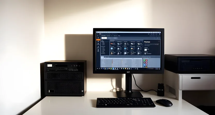 A realistic home office desk setup with a black monitor, keyboard, and mouse. The monitor displays the Proxmox VE web interface dashboard, showing a list of virtual machines and containers.