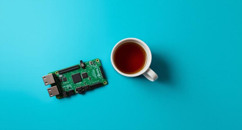 op-down view of a Raspberry Pi microcomputer next to a white cup of tea on a teal background