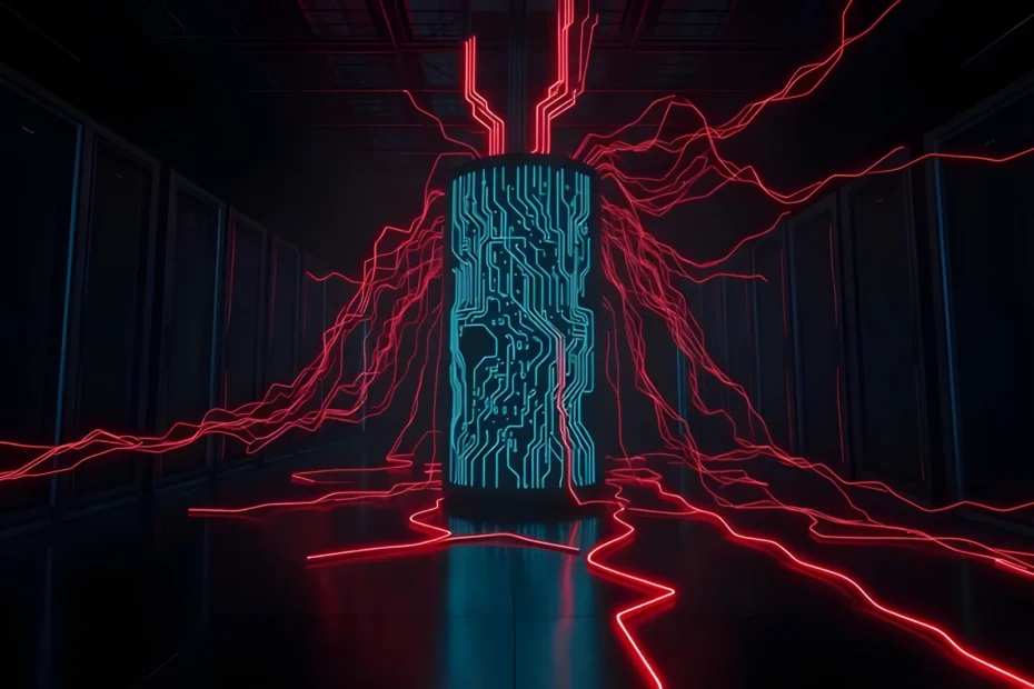 A dark, cyberpunk server room featuring a glowing central monolith with blue circuits. Aggressive neon red light-trails snake out from the monolith across a dark floor, symbolising hidden data telemetry and background network traffic in a modern home lab.