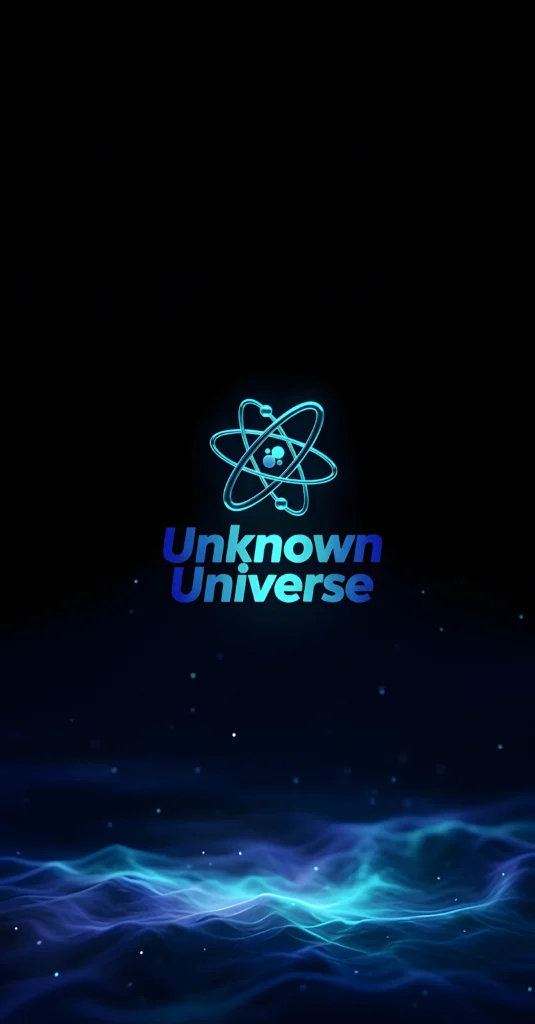 Vertical mobile wallpaper featuring the Unknown Universe atom logo over a glowing blue cosmic nebula and space background.
