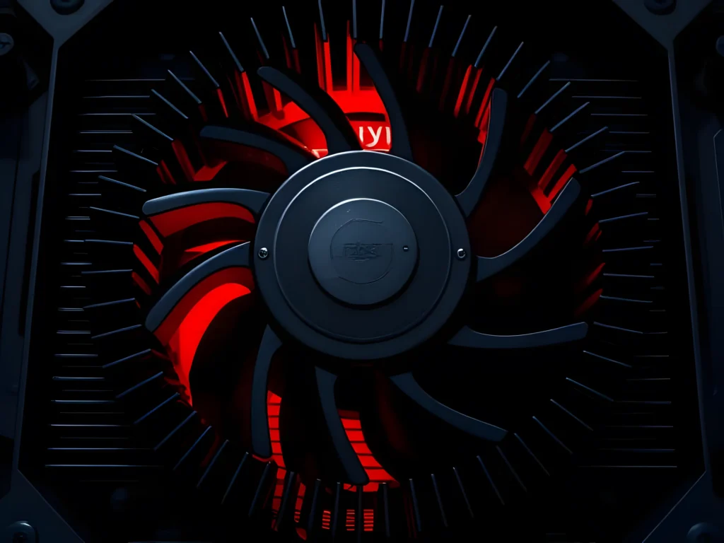 Top-down macro view of a black industrial cooling fan with red core illumination and sharp radiator fins.