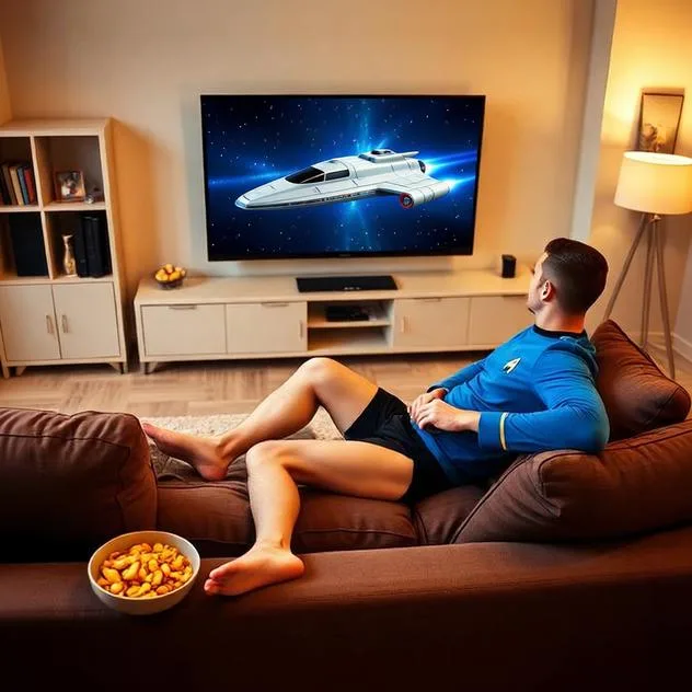 Man sitting on a sofa in a modern living room wearing a blue sci-fi uniform and black underwear, watching a spaceship on a large TV.