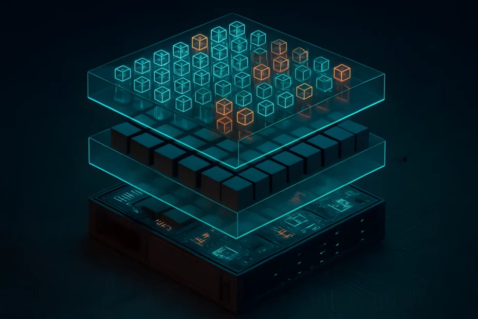 A technical isometric illustration showing three stacked layers of virtualisation: a physical motherboard base, a middle layer of solid blocks for Virtual Machines, and a top layer of glowing wireframe cubes for containers.