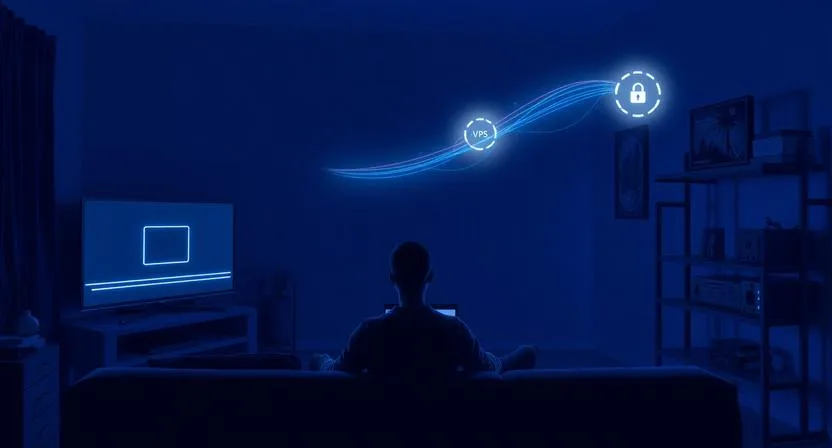 A man sitting in a dark living room at 5am watching TV with a conceptual data flow showing traffic passing through a VPS node into a secure encrypted lock symbol.