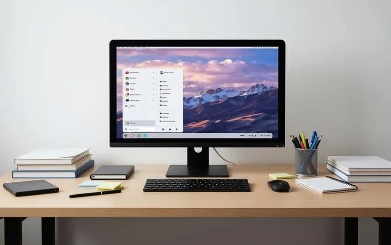 clean, modern home office desk showing the Zorin OS 18.1 desktop interface with its translucent menu and mountain wallpaper on a large monitor.