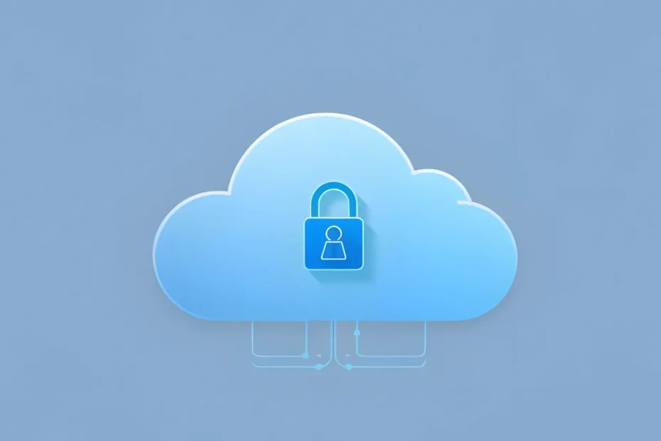 A blue cloud icon featuring a central padlock symbol with a circuit board pattern beneath it, set against a solid pale blue background.