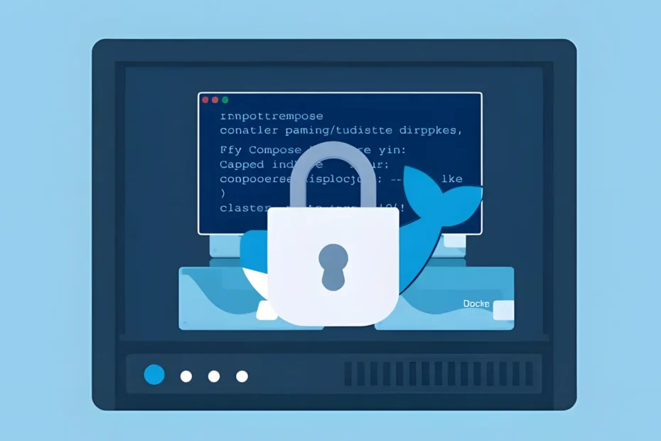 Flat vector illustration of a computer monitor displaying code behind a large white padlock icon, featuring a blue whale silhouette and a server chassis at the base.