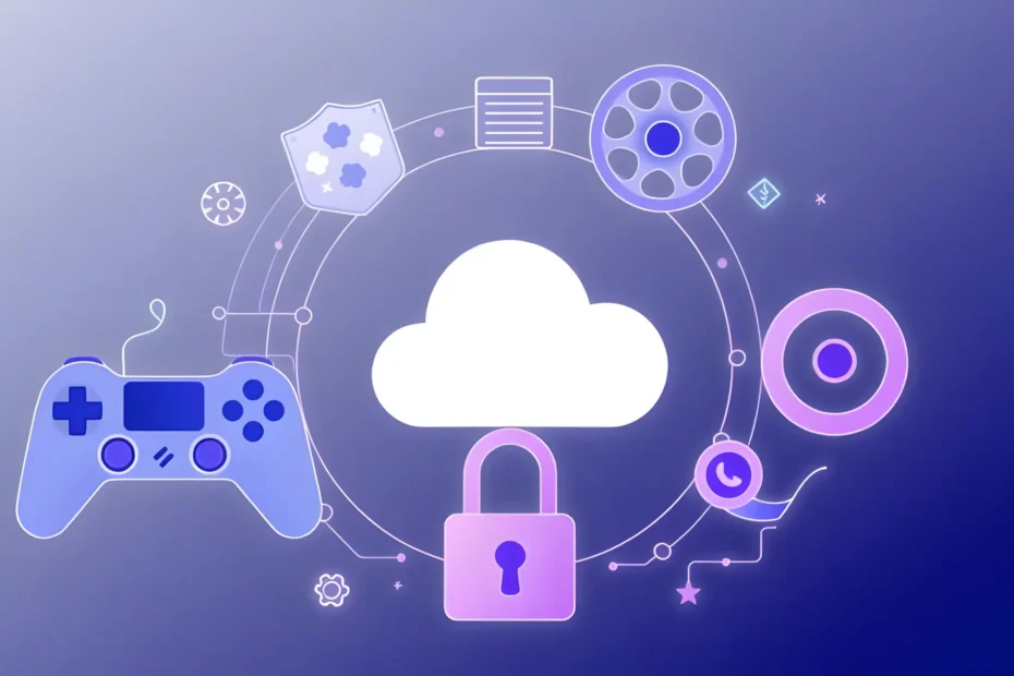 A conceptual digital illustration featuring a white cloud icon at the centre with a pink padlock below it, surrounded by glowing neon icons of a video game controller, film reel, and compact disc connected by circular lines on a purple gradient background.