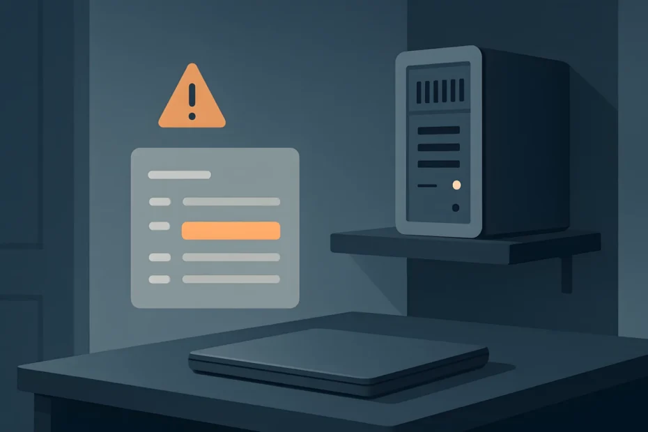 Minimalist vector illustration of a home lab server and a closed laptop on a desk in a dim room. A translucent floating update list shows one item highlighted in amber with a matching warning triangle icon above it.
