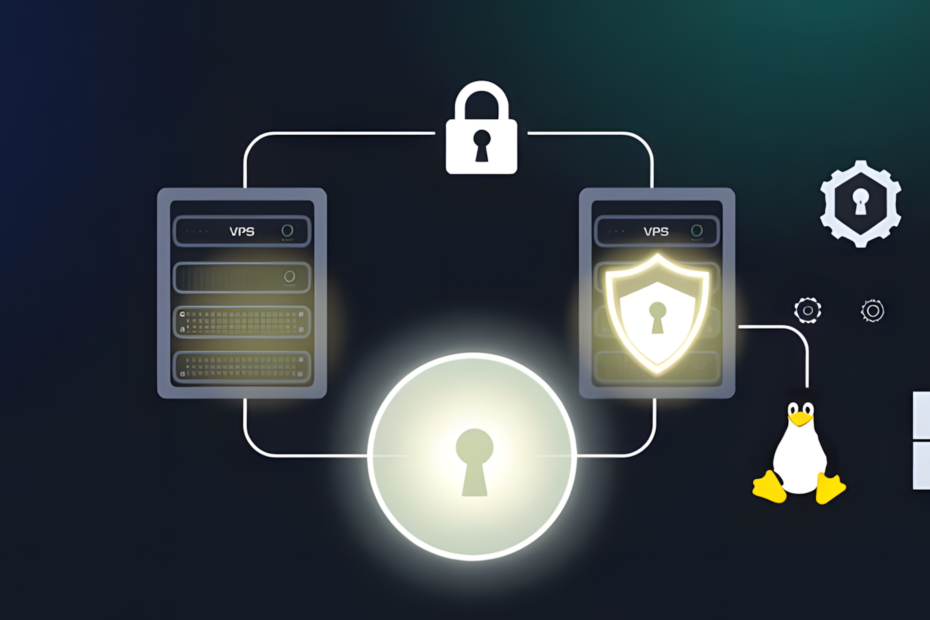 An illustrative diagram of two virtual private servers (VPS) connected by a secure encrypted tunnel, featuring a glowing padlock icon and the Linux Tux mascot.